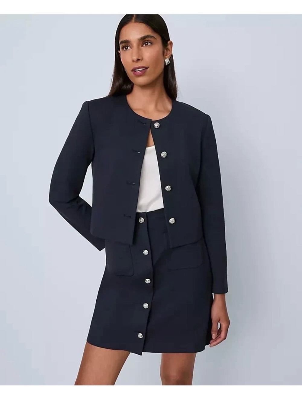NEW ANN TAYLOR $169 CARBON NAVY PONTE CREW NECK JACKET BLAZER SZ 4